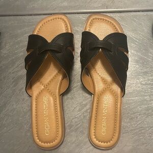 NEW Black Slide Sandals with Tan Footbed. Size 9